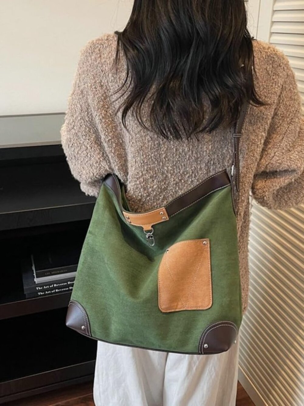 Green Canvas Shoulder Bag with Brown Leather Accents - Picture 5 of 7